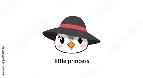 Cute cartoon illustration of a female penguin face wearing a stylish black hat with the text little princess.
