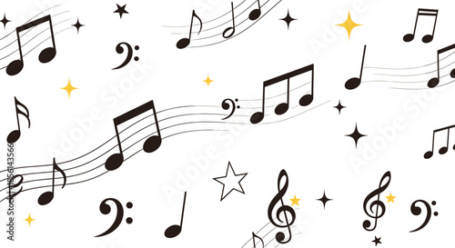 Abstract musical background with flowing notes and clef symbols mixed with decorative stars on a white background.