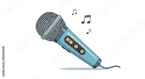Blue handheld vocal microphone with black musical notes floating around it in a simple hand drawn illustration.