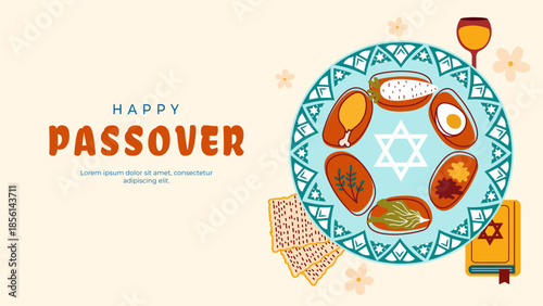 Passover, Pesach  cute festive banner. Traditional seder plate, matzo, wine and spring holiday symbols in a clean vector style. Perfect for greeting cards, invitations and holiday decoration.