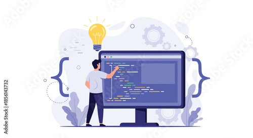 Software engineer developing computer code on a large monitor with a lightbulb idea and mechanical gears icon.