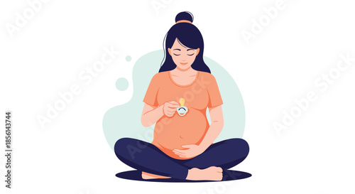 Serene pregnant woman sitting in a meditative pose while holding a baby pacifier in front of her stomach area.