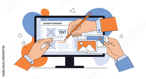 Hands using a pencil and mouse to manage and edit digital website content on a large computer screen monitor.