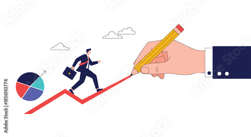 Giant hand drawing a red growth line for a businessman to run up towards achieving great professional success.