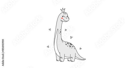 Cute long-necked dinosaur wearing a small silver crown and looking back with a smile, surrounded by tiny hand-drawn hearts.