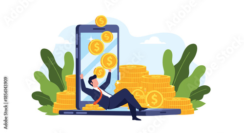 Happy businessman reclining on a giant smartphone screen surrounded by piles of golden coins falling from the digital display.