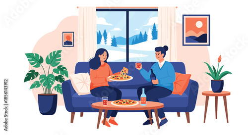 Two female friends relaxing on a blue sofa while enjoying hot pizza and drinks in a cozy living room with a snowy forest view.