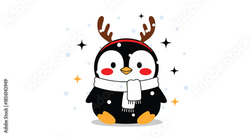 Chibi style penguin character wearing reindeer antlers and a warm white scarf while standing in the soft falling snow.