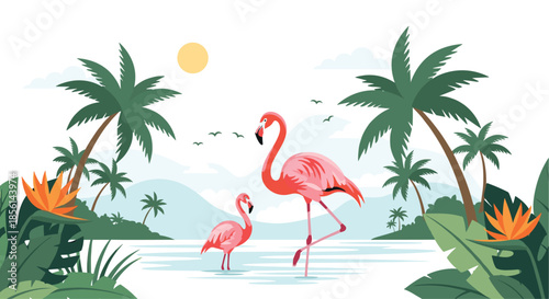 Two pink flamingos standing in a calm tropical lagoon surrounded by palm trees, mountains, and bird of paradise flowers.