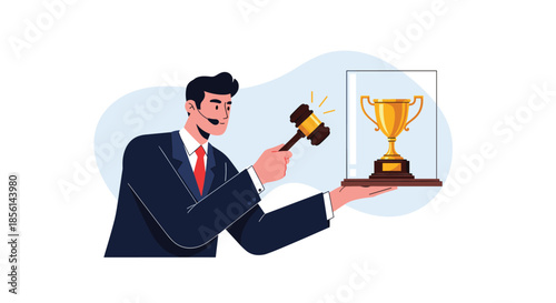 Professional auctioneer wearing a headset and holding a wooden gavel while presenting a golden trophy in a glass case.