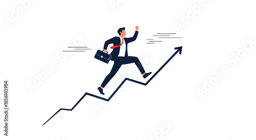 Dynamic businessman holding a briefcase and running quickly up an ascending jagged arrow line symbolizing business growth.