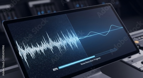 Real-time digital audio processing displayed on a modern tablet, showing active noise reduction progress to enhance sound quality and clarity for professional applications