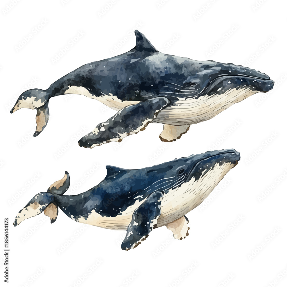 Fototapeta premium Whale Mother With Calf, watercolor vector, isolated on a white background.