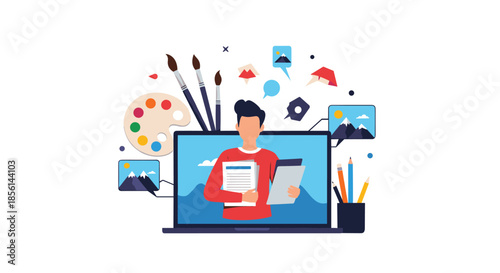 Creative designer holding files inside a laptop screen surrounded by art tools like paintbrushes, pencils, and palettes.