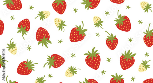 Sweet and summery seamless pattern design featuring ripe red strawberries and small green and white stars on a white background.