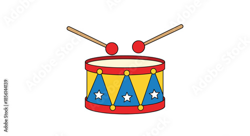 Colorful toy drum with blue stars and red rim featuring two wooden drumsticks against a clean white background.