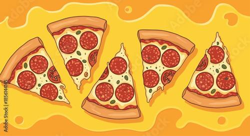 Five delicious slices of pepperoni pizza with melted cheese and herbs arranged on a bright wavy yellow background.