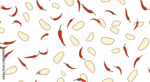 Spicy seamless pattern of vibrant red chili peppers and white garlic cloves scattered on a plain white background.