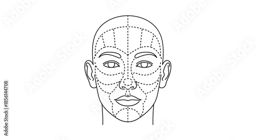 Front view of a human face with dotted lines indicating zones for plastic surgery, cosmetology procedures, or face massage.
