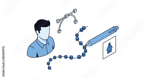 Isometric illustration of graphic design tools and concepts, including a user avatar, pen tool, and a bezier curve drawing a path.