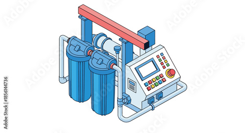 Isometric illustration of an industrial water filtration and purification system with filters, pipes, and a control panel.