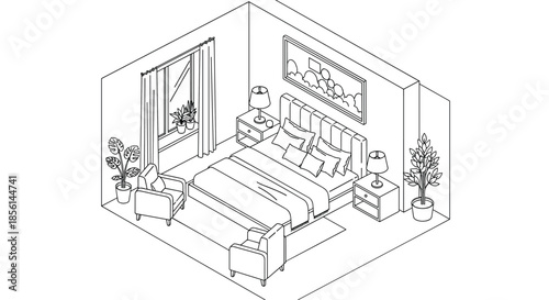 Isometric line art of a cozy and modern bedroom interior, perfect for a coloring page, with a bed, armchairs, and plants.