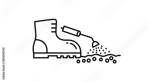 Minimalist line icon showing a boot being disinfected with a spray, symbolizing hygiene, cleaning, or decontamination procedures.