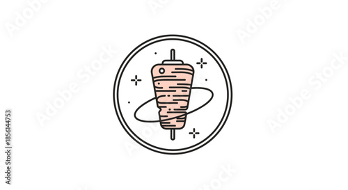 Minimalist and trendy icon of a vertical rotating spit of kebab or shawarma meat inside a circle with sparkles and a ring.