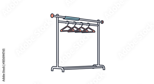 Simple and clean illustration of a metal clothing rack or rail with several empty wooden hangers, isolated on a white background.