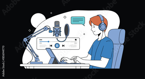 A young man with headphones records a podcast or streams online, sitting at his desk with a professional microphone and tablet.