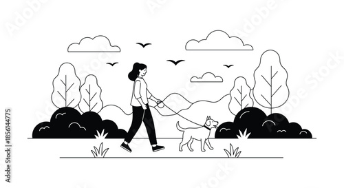 Black and white illustration of a woman enjoying a peaceful walk with her dog on a leash through a park with hills and trees.