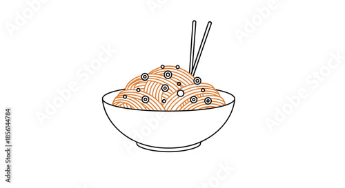 Minimalist line art illustration of a bowl of noodles or spaghetti with toppings and a pair of chopsticks ready to eat.