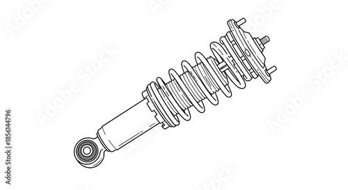 Black and white technical line drawing of a complete car shock absorber and coil spring strut assembly for vehicle suspension.