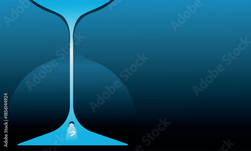 Abstract mental health concept illustration with hourglass shape and small human figure. Symbol of burnout, stress, time pressure, emotional exhaustion and mental overload.