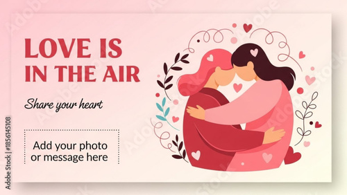 Couple embracing in a heart-shaped wreath symbolizing love and romance perfect for Valentines Day or wedding invitations