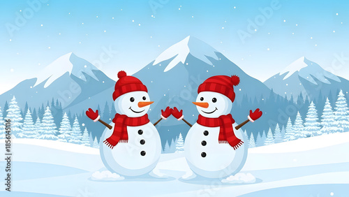 Two snowmen wearing hats and scarves and smiling in a winter landscape with a mountain range with snow-covered trees.
