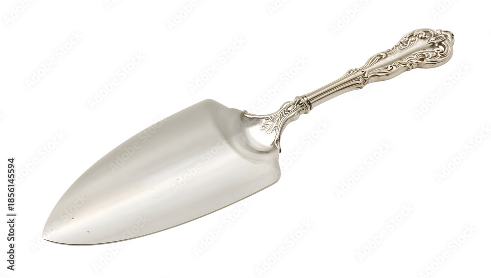 Fototapeta premium Antique pie server with ornate handle and polished blade on the transparent background for vintage cutlery and tableware concepts
