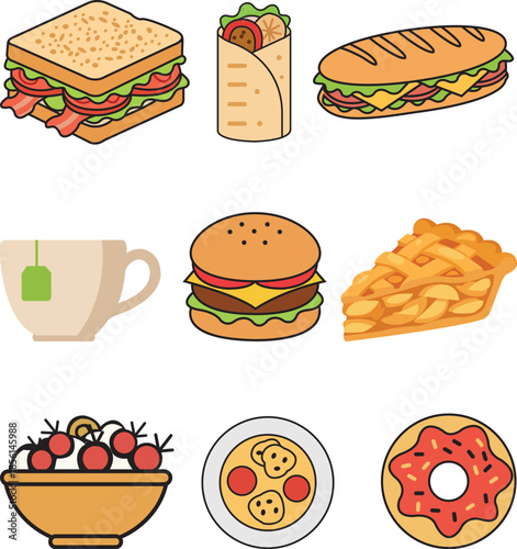 Assorted Fast Food And Snacks Collection With Sandwiches Burgers Pizza Donuts Fries Tea And Fruit Bowl