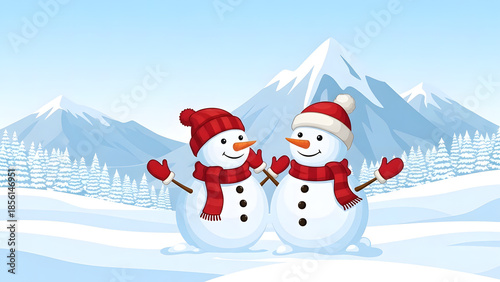 Two snowmen wearing hats and scarves and smiling in a winter landscape with a mountain range with snow-covered trees.
