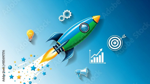 Cartoon Rocket Launching Upwards with Startup Business Icons on Blue Gradient Background