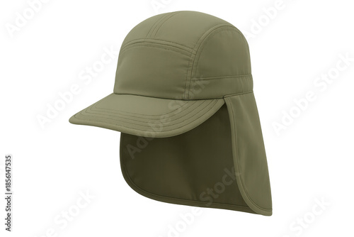 Khaki cap with neck flap protecting from sunlight
