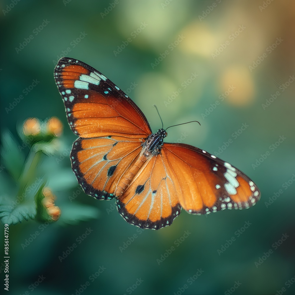 Fototapeta premium A vibrant orange butterfly gracefully perched on a green plant, showcasing its exquisite wings