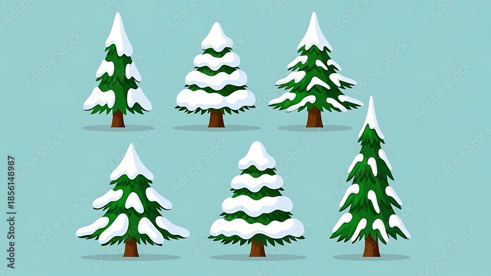 Fototapeta premium Snowy Pine Trees on Light Blue Background