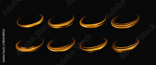 Gold light with png swoosh circle and magic. Effect yellow sparkle with line and gold. Light png cosmetic blur dust abstract lens white transparent vortex frame swirl vector orange luminous fire wave.