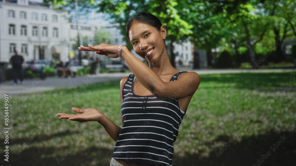 Fototapeta premium Thai woman presenting palms apart with hands visible, smiling and tilting her head while posing in front of building with park lawn behind; playful curiosity.