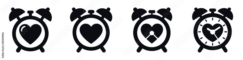 Obraz premium Romantic Heart Clock Vector Set – Valentine’s Day Love Time Icons, Minimal Retro Alarm Clock Illustration, Modern Black Silhouette Design for Greeting Cards and Holiday Décor