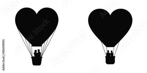 Romantic Couple in Heart Hot Air Balloon Vector – Valentine’s Day Love Adventure Silhouette, Romantic Flight Illustration for Greeting Cards, Wedding Design, and Love Travel Concept