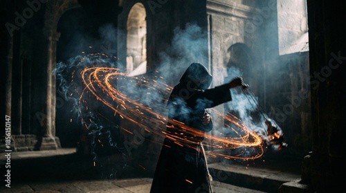 Mysterious Sorcerer Casting Powerful Magic Spell in Ancient Stone Temple Ruins - Dark Fantasy Wizardry & Enchantment