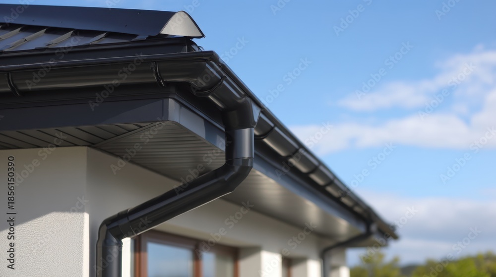 Fototapeta premium A modern house features a black roof and gutter system. The house is located in a residential area with clear blue skies in the late morning.