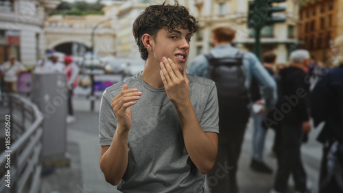 Foto Teen boy touching cheek with hand, grimacing while standing on a busy street with passersby; awkward introspection
